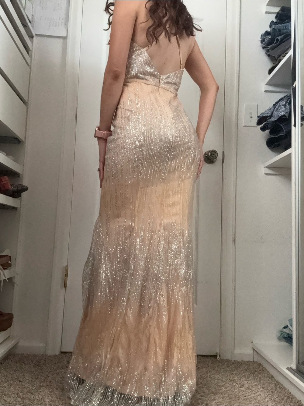 Luxxel Sparkling Champagne Sequin Prom Gown